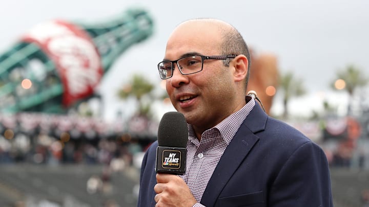 Apr 5, 2019; San Francisco, CA, USA; San Francisco Giants President of Baseball Operations Farhan Zaidi is interviewed on the field before the game between the San Francisco Giants and the Tampa Bay Rays at Oracle Park. Mandatory Credit: Darren Yamashita-Imagn Images 