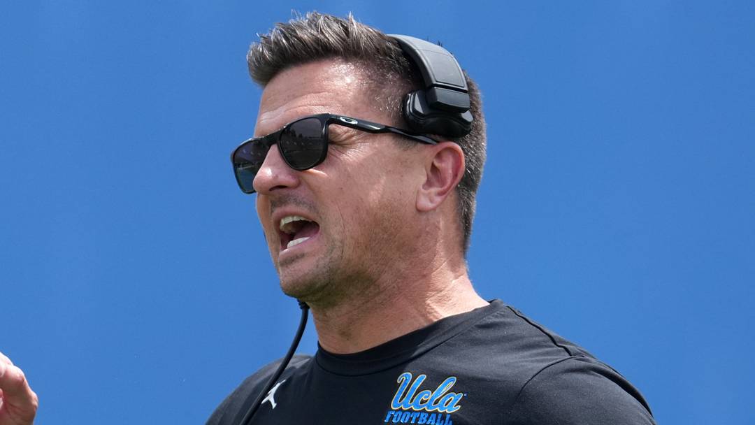 May 2, 2026; Pasadena, CA, USA; UCLA Bruins coach Bob Chesney reacts during the spring game at Rose Bowl. Mandatory Credit: Kirby Lee-Imagn Images
