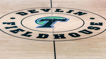 Feb 8, 2017; New Orleans, LA, USA; Devlin Fieldhouse logo at midcourt before the game between Houston Cougars and Tulane Green Wave at Devlin Fieldhouse. 