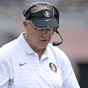 Sep 6, 2025; Tallahassee, Florida, USA; Florida State Seminoles offensive coordinator Gus Malzhan during the second half against the East Texas A&M Lions at Doak S. Campbell Stadium. Mandatory Credit: Melina Myers-Imagn Images