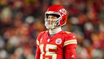 Jan 18, 2025; Kansas City, Missouri, USA; Kansas City Chiefs quarterback Patrick Mahomes (15) reacts during the second half against Houston Texans in a 2025 AFC divisional round game at GEHA Field at Arrowhead Stadium. Mandatory Credit: Jay Biggerstaff-Imagn Images