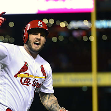 Sep 10, 2018; St. Louis, MO, USA; St. Louis Cardinals first baseman Matt Adams (15) celebrates after hitting a three run home run against  Pittsburgh Pirates relief pitcher Edgar Santana (not pictured) during the eighth inning at Busch Stadium.