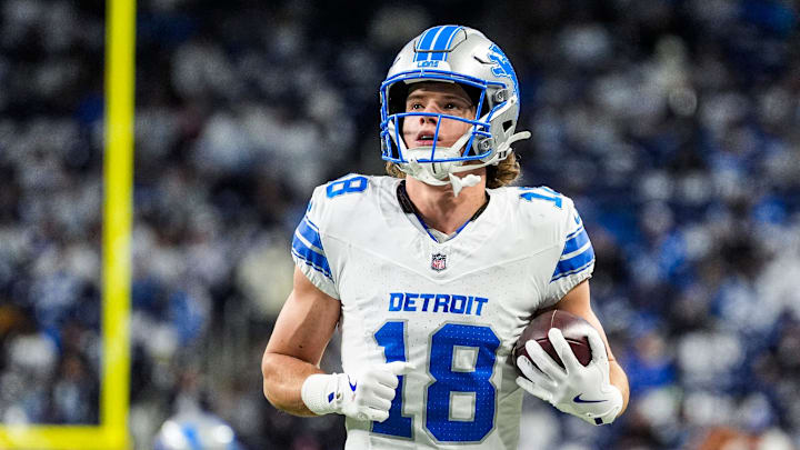 Detroit Lions wide receiver Isaac Teslaa (18) warms up before the Dallas Cowboys game at Ford Field in Detroit on Thursday, Dec. 4, 2025.