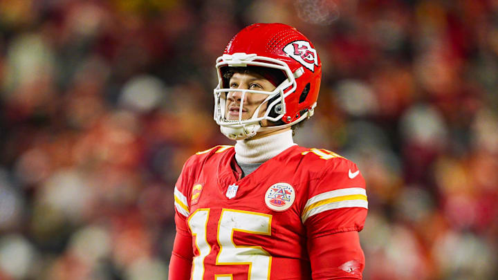 Jan 18, 2025; Kansas City, Missouri, USA; Kansas City Chiefs quarterback Patrick Mahomes (15) reacts during the second half against Houston Texans in a 2025 AFC divisional round game at GEHA Field at Arrowhead Stadium. Mandatory Credit: Jay Biggerstaff-Imagn Images