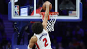Nov 9, 2025; Philadelphia, Pennsylvania, USA; Detroit Pistons guard Cade Cunningham (2) dunks the ball against the Philadelphia 76ers during the fourth quarter at Xfinity Mobile Arena. Mandatory Credit: Bill Streicher-Imagn Images