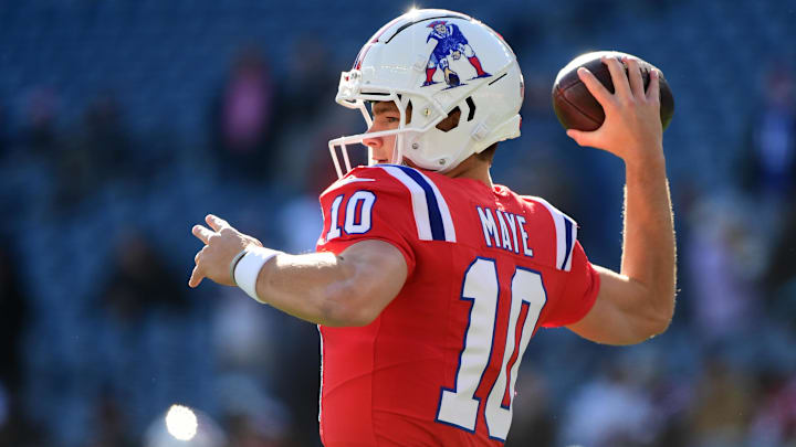 Dec 1, 2024; Foxborough, Massachusetts, USA;  New England Patriots quarterback Drake Maye (10) throws the ball during warmups prior to a game against the Indianapolis Colts at Gillette Stadium. Mandatory Credit: Bob DeChiara-Imagn Images