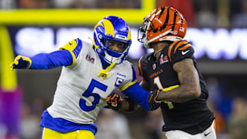 Feb 13, 2022; Inglewood, CA, USA; Los Angeles Rams cornerback Jalen Ramsey (5) defends against Cincinnati Bengals wide receiver Ja'Marr Chase (1) during Super Bowl LVI at SoFi Stadium. Mandatory Credit: Mark J. Rebilas-Imagn Images