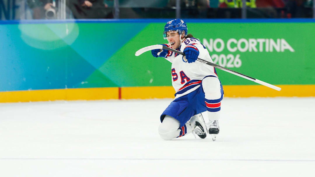 Feb 20, 2026; Milan, Italy; Jack Hughes (86) of the United States celebrates after scoring a goal during the second period against Slovakia in a men's ice hockey semifinal during the Milano Cortina 2026 Olympic Winter Games at Milano Santagiulia Ice Hockey Arena. Mandatory Credit: Geoff Burke-Imagn Images Feb 20, 2026; Milan, Italy; Jack Hughes (86) of the United States celebrates after scoring a goal during the second period against Slovakia in a men's ice hockey semifinal during the Milano Cortina 2026 Olympic Winter Games at Milano Santagiulia Ice Hockey Arena. Mandatory Credit: Geoff Burke-Imagn Images