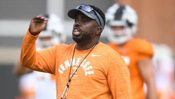 Defensive coordinator Tim Banks coaches players during a drill during Tennessee Football   s first fall practice, Wednesday, Aug. 2, 2023.