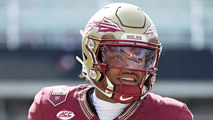 Sep 6, 2025; Tallahassee, Florida, USA; Florida State Seminoles quarterback Tommy Castellanos (1) before the game against the East Texas A&M Lions at Doak S. Campbell Stadium. Mandatory Credit: Melina Myers-Imagn Images