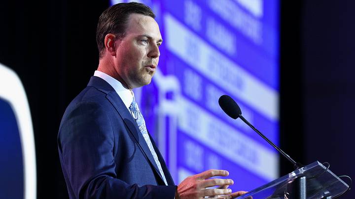 Jul 20, 2026; Tampa, FL, USA; Kentucky Wildcats head coach Will Stein speaks to the press during SEC Football Kickoff Media Day at the Tampa Marriott. Mandatory Credit: Nathan Ray Seebeck-Imagn Images