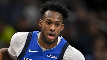 Feb 10, 2025; Dallas, Texas, USA; Dallas Mavericks forward Olivier-Maxence Prosper (8) brings the ball up court against the Sacramento Kings during the second quarter at the American Airlines Center. Mandatory Credit: Jerome Miron-Imagn Images