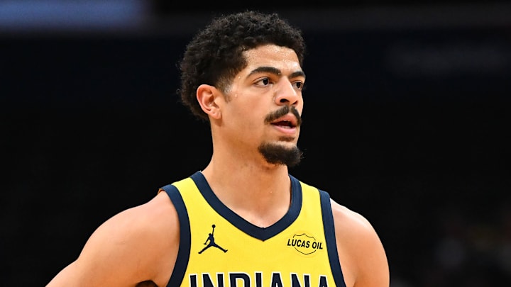 Feb 19, 2026; Washington, District of Columbia, USA; Indiana Pacers guard Ben Sheppard (26) looks on against the Washington Wizards during the first half at Capital One Arena. Mandatory Credit: Brad Mills-Imagn Images