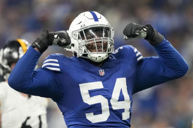 Indianapolis Colts defensive end Dayo Odeyingbo (54) reacts after a play Saturday, Dec. 16, 2023, during a game against the Pittsburgh Steelers.