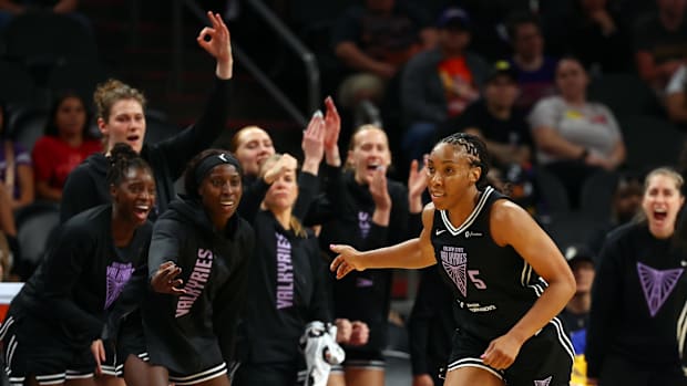 Kayla Thornton celebrates a three