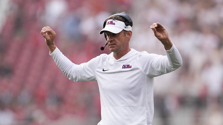 Oct 18, 2025; Athens, Georgia, USA;  Mississippi Rebels head coach Lane Kiffin reacts during the second half of the game against the Georgia Bulldogs at Sanford Stadium. Mandatory Credit: Dale Zanine-Imagn Images