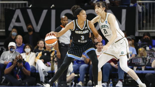 Aug 20, 2022; Chicago, Illinois, USA; Chicago Sky forward Candace Parker (3) is defended by New York