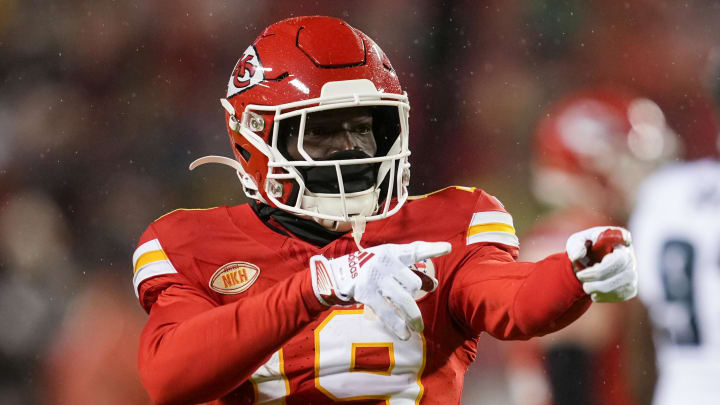 Nov 20, 2023; Kansas City, Missouri, USA; Kansas City Chiefs wide receiver Kadarius Toney (19) celebrates after a first down during the first half against the Philadelphia Eagles at GEHA Field at Arrowhead Stadium. Mandatory Credit: Jay Biggerstaff-USA TODAY Sports