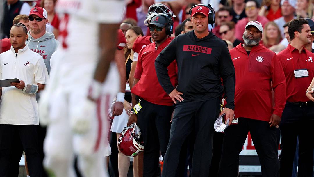 Nov 15, 2025; Tuscaloosa, Alabama, USA;  Alabama Crimson Tide head coach Kalen Deboer looks on during the first half go the game against the Oklahoma Sooners at Saban Field at Bryant-Denny Stadium. Mandatory Credit: David Leong-Imagn Images