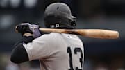 Detail view of the torpedo bat used by New York Yankees second baseman Jazz Chisholm Jr. against the Pittsburgh Pirates during the first inning at PNC Park. 