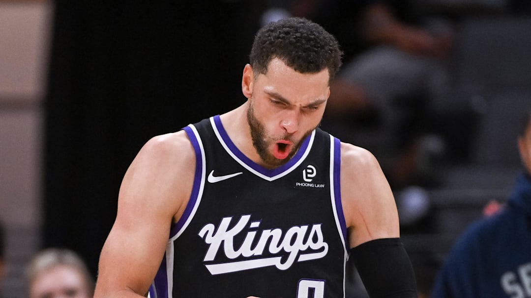 Oct 26, 2025; Sacramento, California, USA; Sacramento Kings guard Zach LaVine (8) reacts after scoring against the Los Angeles Lakers during the fourth quarter at Golden 1 Center. Oct 26, 2025; Sacramento, California, USA; Sacramento Kings guard Zach LaVine (8) reacts after scoring against the Los Angeles Lakers during the fourth quarter at Golden 1 Center.