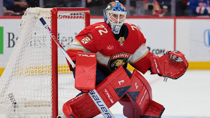 Feb 26, 2026; Sunrise, Florida, USA; Florida Panthers goaltender Sergei Bobrovsky (72) defends his net against the Toronto Maple Leafs during the second period at Amerant Bank Arena. Mandatory Credit: Sam Navarro-Imagn Images
