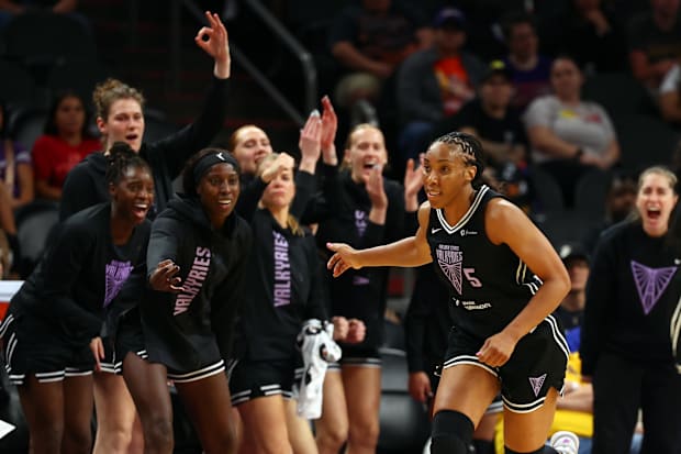 Golden State Valkyries forward Kayla Thornton celebrates a three pointer with the bench. 