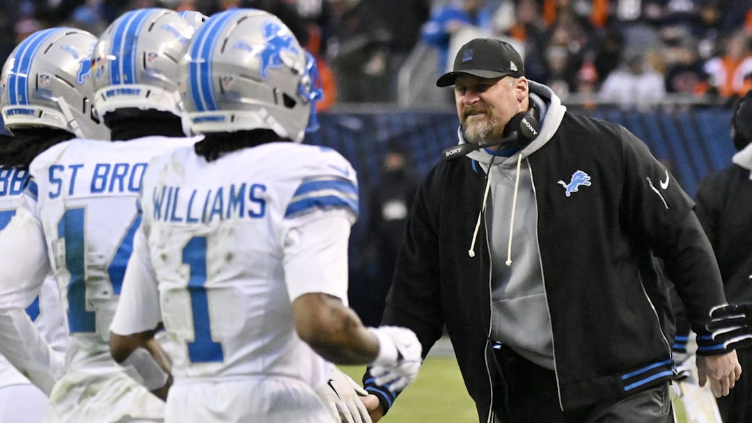Jan 4, 2026; Chicago, Illinois, USA; Detroit Lions head coach Dan Campbell reacts after a touchdown against the Chicago Bears during the first half at Soldier Field. Mandatory Credit: Matt Marton-Imagn Images