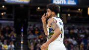 Mar 18, 2024; Indianapolis, Indiana, USA; Indiana Pacers forward Obi Toppin (1) celebrates a made basket  in the first half against the Cleveland Cavaliers at Gainbridge Fieldhouse. Mandatory Credit: Trevor Ruszkowski-USA TODAY Sports