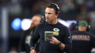 Sep 28, 2025; Arlington, Texas, USA; Green Bay Packers head coach Matt LaFleur looks on in the first quarter against the Dallas Cowboys at AT&T Stadium. Mandatory Credit: Kevin Jairaj-Imagn Images