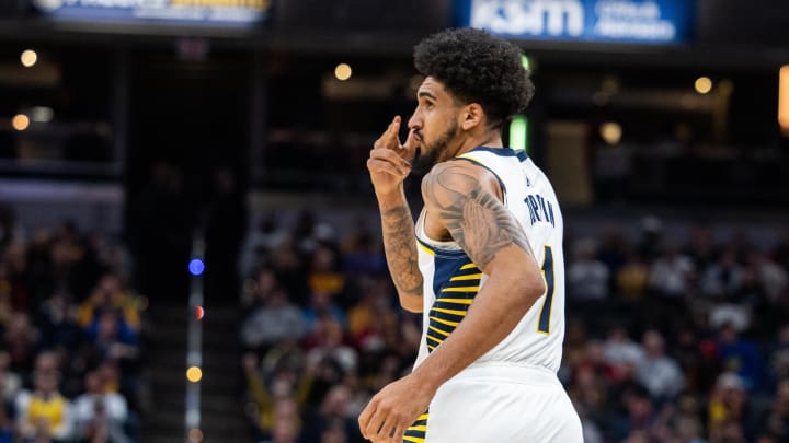 Mar 18, 2024; Indianapolis, Indiana, USA; Indiana Pacers forward Obi Toppin (1) celebrates a made basket  in the first half against the Cleveland Cavaliers at Gainbridge Fieldhouse. Mandatory Credit: Trevor Ruszkowski-USA TODAY Sports