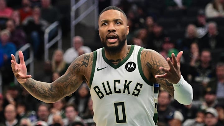 Nov 13, 2023; Milwaukee, Wisconsin, USA; Milwaukee Bucks guard Damian Lillard (0) reacts to a call in the second quarter against the Chicago Bulls at Fiserv Forum. Mandatory Credit: Benny Sieu-Imagn Images