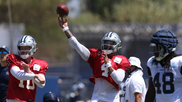 Jul 31, 2024; Oxnard, CA, USA; Dallas Cowboys quarterback Dak Prescott (4) throws during training camp at the River Ridge Playing Fields in Oxnard, California.  Mandatory Credit: Jason Parkhurst-USA TODAY Sports