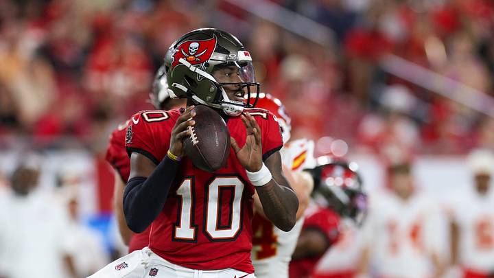 Former Kansas Jayhawks quarterback Jalon Daniels (10) playing for the Tampa Bay Buccaneers