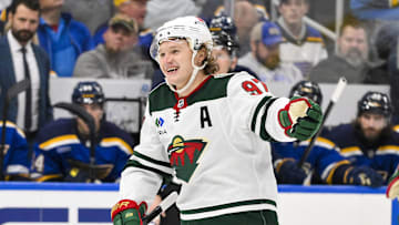 Nov 19, 2024; St. Louis, Missouri, USA;  Minnesota Wild left wing Kirill Kaprizov (97) reacts after scoring against the St. Louis Blues during the third period at Enterprise Center. Mandatory Credit: Jeff Curry-Imagn Images