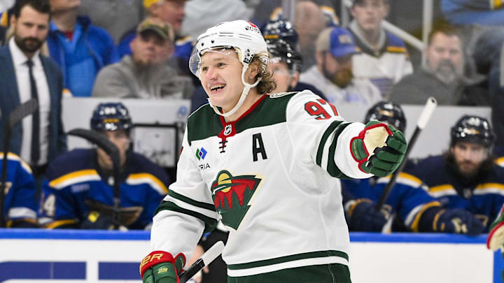 Nov 19, 2024; St. Louis, Missouri, USA; Minnesota Wild left wing Kirill Kaprizov (97) reacts after scoring against the St. Louis Blues during the third period at Enterprise Center. Mandatory Credit: Jeff Curry-Imagn Images Nov 19, 2024; St. Louis, Missouri, USA; Minnesota Wild left wing Kirill Kaprizov (97) reacts after scoring against the St. Louis Blues during the third period at Enterprise Center. Mandatory Credit: Jeff Curry-Imagn Images