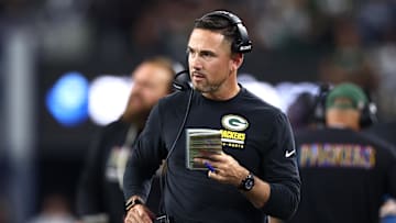 Sep 28, 2025; Arlington, Texas, USA; Green Bay Packers head coach Matt LaFleur looks on in the first quarter against the Dallas Cowboys at AT&T Stadium. Mandatory Credit: Kevin Jairaj-Imagn Images