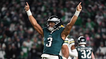 Jan 12, 2025; Philadelphia, Pennsylvania, USA; Philadelphia Eagles linebacker Nolan Smith Jr. (3) reacts against the Green Bay Packers during the second half in an NFC wild card game at Lincoln Financial Field. Mandatory Credit: Eric Hartline-Imagn Images