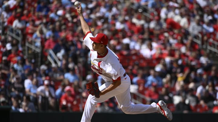 Apr 20, 2024; St. Louis, Missouri, USA; St. Louis Cardinals relief pitcher Giovanny Gallegos (65) pitches against the Milwaukee Brewers in the sixth inning at Busch Stadium. Mandatory Credit: Joe Puetz-USA TODAY Sports