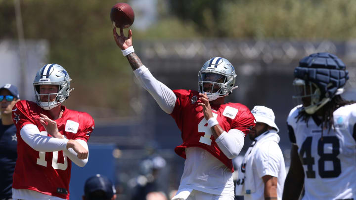 Dallas Cowboys quarterback Dak Prescott throws during training camp at the River Ridge Playing Fields in Oxnard, California. Dallas Cowboys quarterback Dak Prescott throws during training camp at the River Ridge Playing Fields in Oxnard, California.