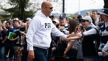 Penn State football coach James Franklin greets fans outside Beaver Stadium before the 2025 Blue-White Game. 