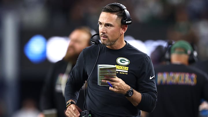 Green Bay Packers head coach Matt LaFleur looks on in the first quarter against the Dallas Cowboys at AT&T Stadium. 