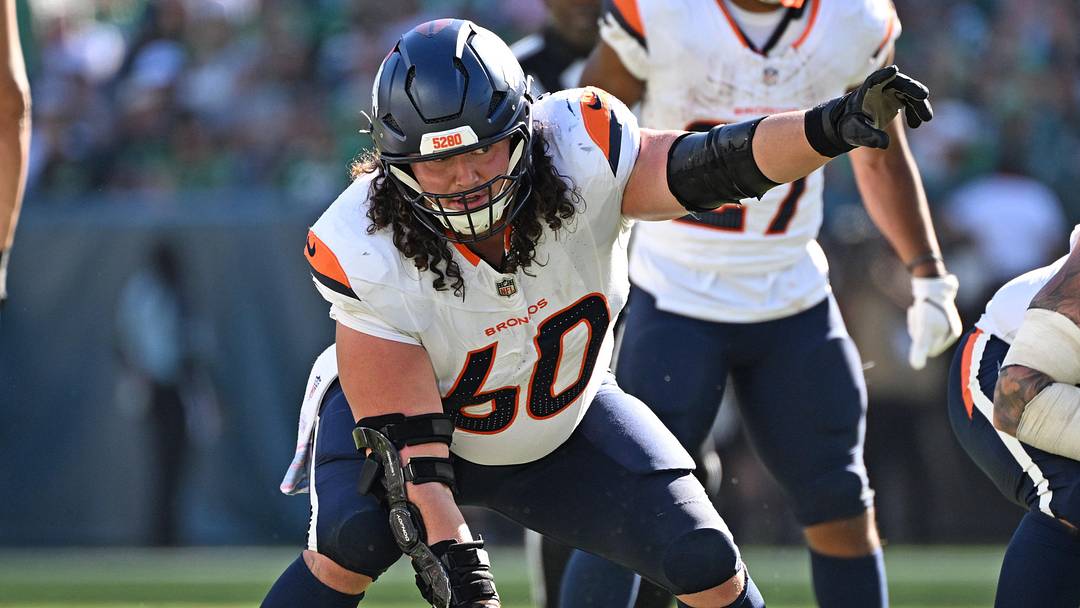 Oct 5, 2025; Philadelphia, Pennsylvania, USA; Denver Broncos center Luke Wattenberg (60) against the Philadelphia Eagles at Lincoln Financial Field. 