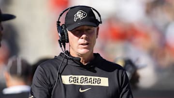 Oct 19, 2024; Tucson, Arizona, USA; Colorado Buffalos offensive coordinator Pat Shurmur against the Arizona Wildcats at Arizona Stadium. Mandatory Credit: Mark J. Rebilas-Imagn Images
