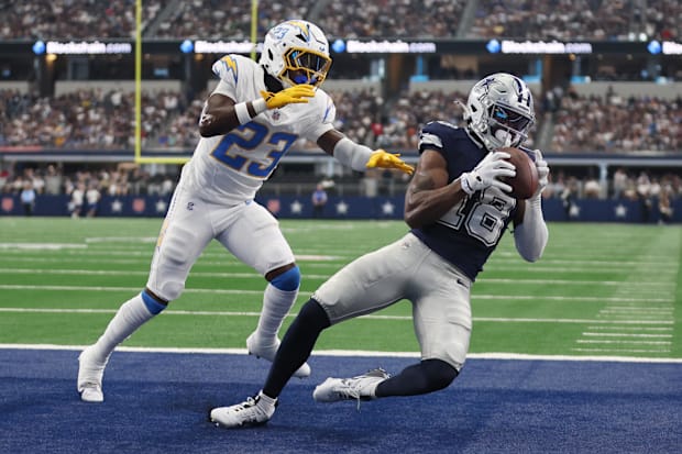 Dallas Cowboys wide receiver Ryan Flournoy catches a touchdown pass against Los Angeles Chargers.