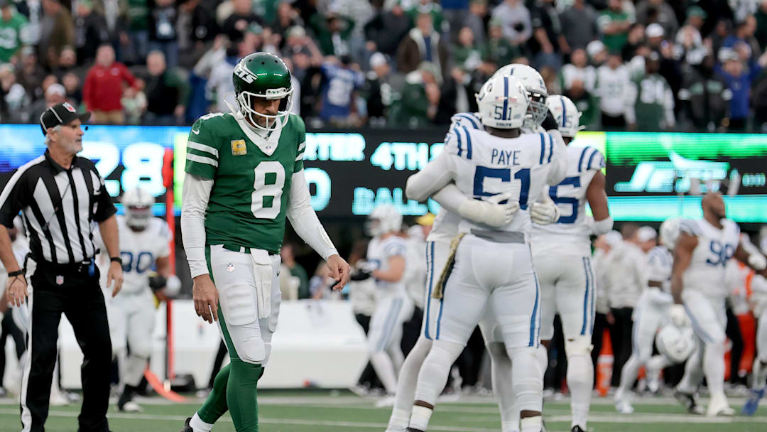 Nov 17, 2024; East Rutherford, New Jersey, USA; New York Jets quarterback Aaron Rodgers (8) walks off the field after losing to the Indianapolis Colts at MetLife Stadium. Mandatory Credit: Brad Penner-Imagn Images Nov 17, 2024; East Rutherford, New Jersey, USA; New York Jets quarterback Aaron Rodgers (8) walks off the field after losing to the Indianapolis Colts at MetLife Stadium. Mandatory Credit: Brad Penner-Imagn Images