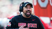 Ohio State Buckeyes head coach Ryan Day yells during the NCAA football game against the Rutgers Scarlet Knights at Ohio Stadium in Columbus on Nov. 22, 2025. Ohio State won 42-9.
