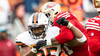 Oct 15, 2023; Cleveland, Ohio, USA; Cleveland Browns defensive end Myles Garrett (95) is blocked by San Francisco 49ers offensive tackle Trent Williams (71) during the third quarter at Cleveland Browns Stadium. Mandatory Credit: Scott Galvin-Imagn Images