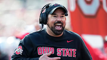 Ohio State Buckeyes head coach Ryan Day yells during the NCAA football game against the Rutgers Scarlet Knights at Ohio Stadium in Columbus on Nov. 22, 2025. Ohio State won 42-9.