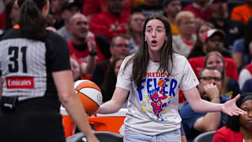 Indiana Fever guard Caitlin Clark (22) reacts to a call from the referee Tuesday, Aug. 12, 2025, during the game at Gainbridge Fieldhouse in Indianapolis. The Dallas Wings defeated the Indiana Fever, 81-80.